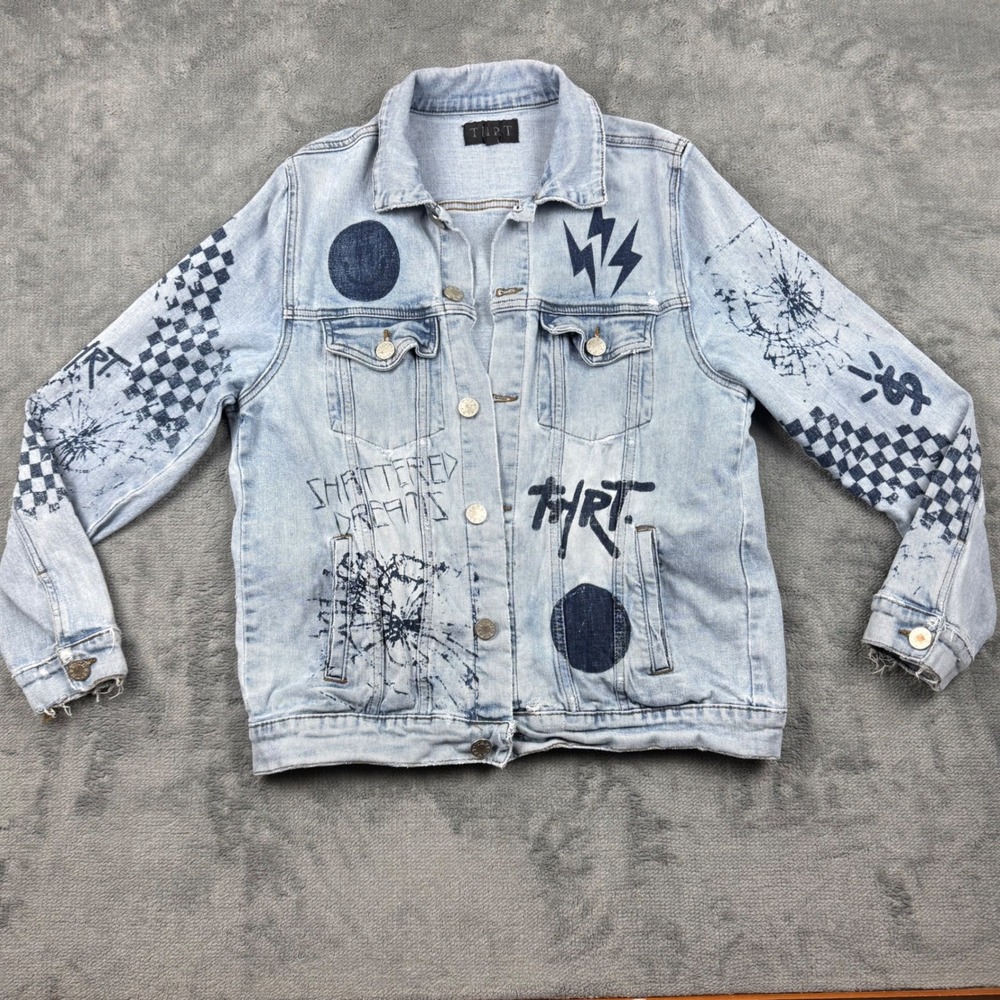 THRT Denim Jacket Light Wash Shattered Dreams Graphic Streetwear Mens Medium